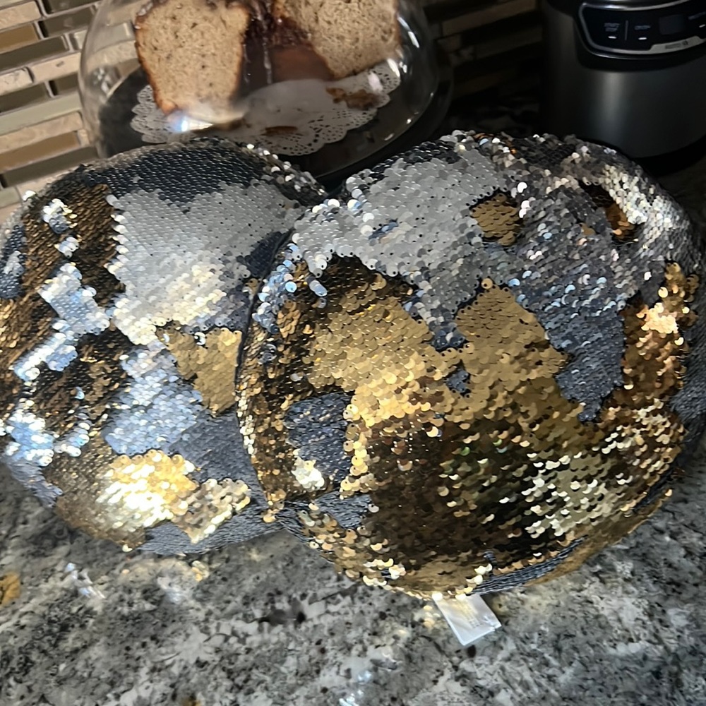 2 Decorative Sparkly Round Pillows, Black Silver and Gold reversible sparkles